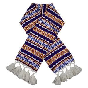 90s Vintage fair isle sweater knit long knit scarf w/ tassel fringe cream & blue